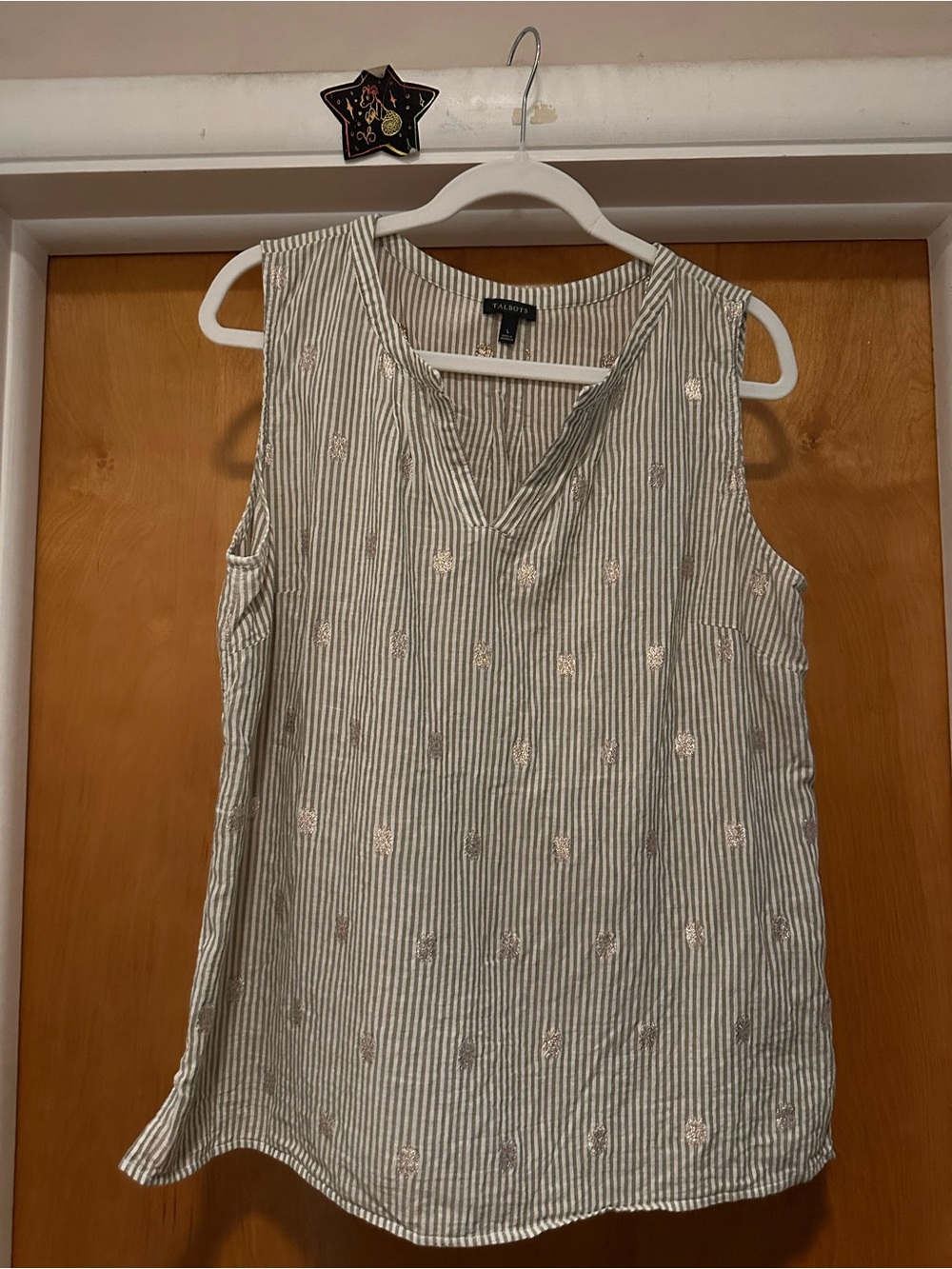 Talbots Neutral Striped Button-Front Top with Metallic Dot Embroidery
